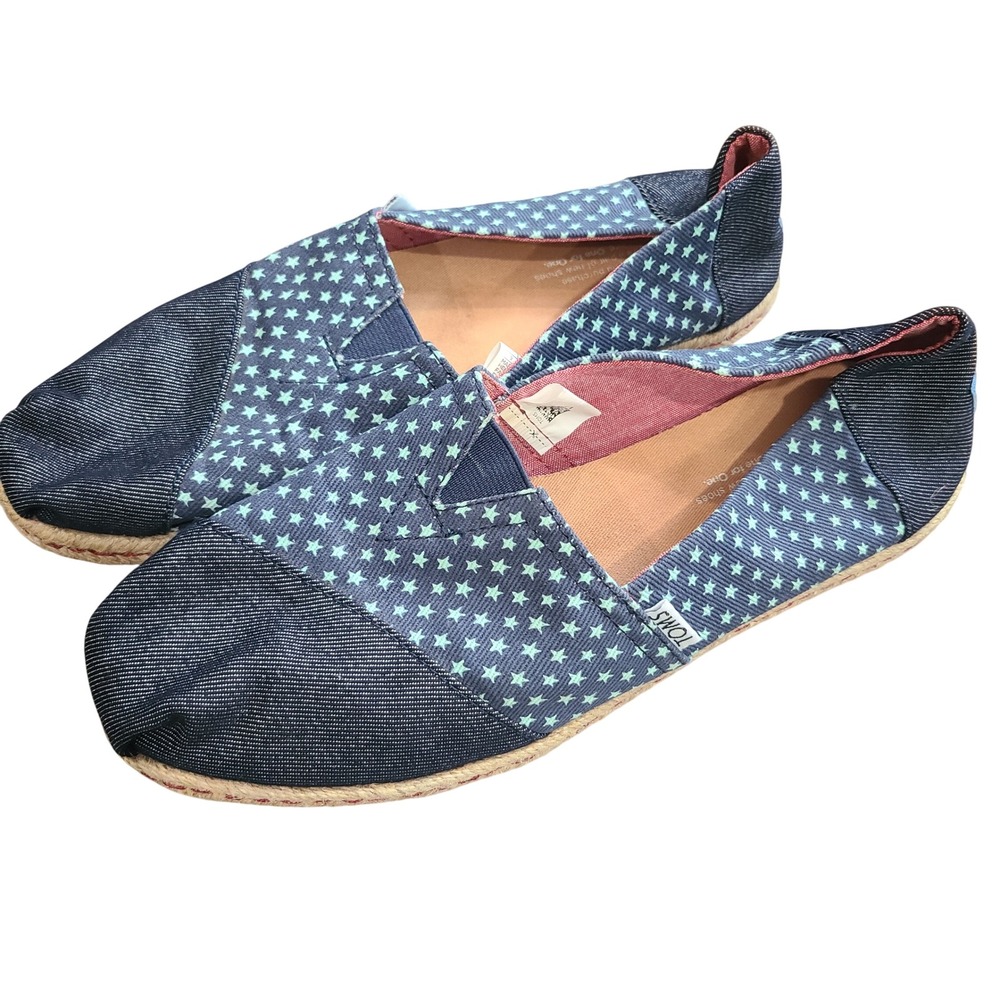 TOMS Alpargata Blue Denim Mint Green Star Print Slip On Shoes Womens 9